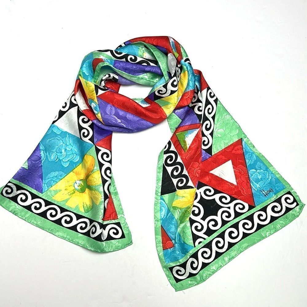 HONEY Silk Rectangle Scarf Colorful Geometric Pattern